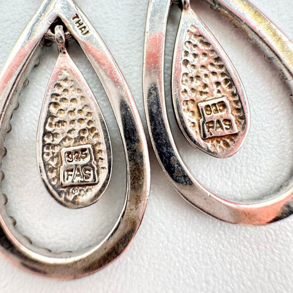 FAS THAI 925 Sterling Silver Earrings Teardrop Faux Marcasite Pebbled Milgrain - Picture 5 of 11